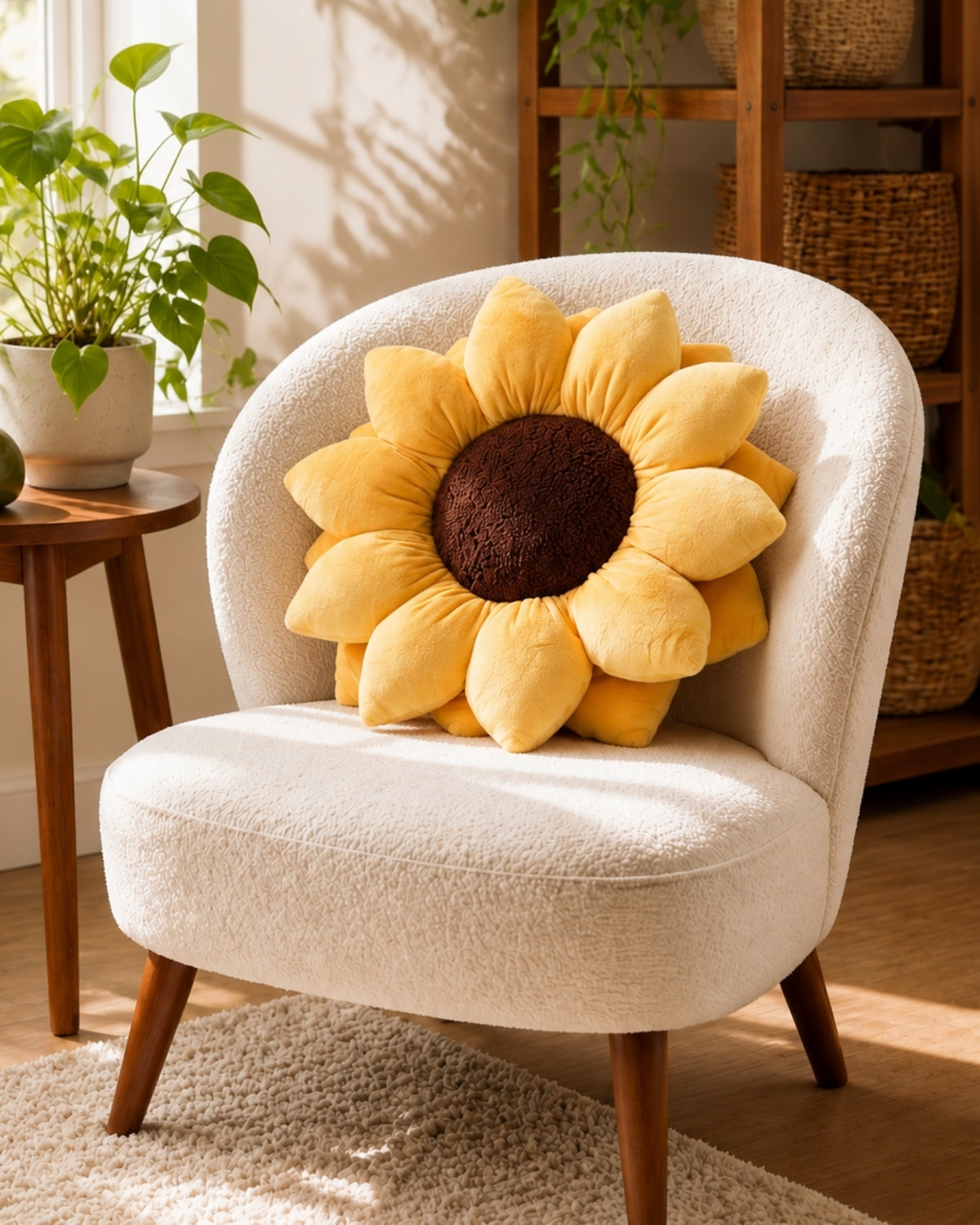 green philosophy sunflower pillow on a chair