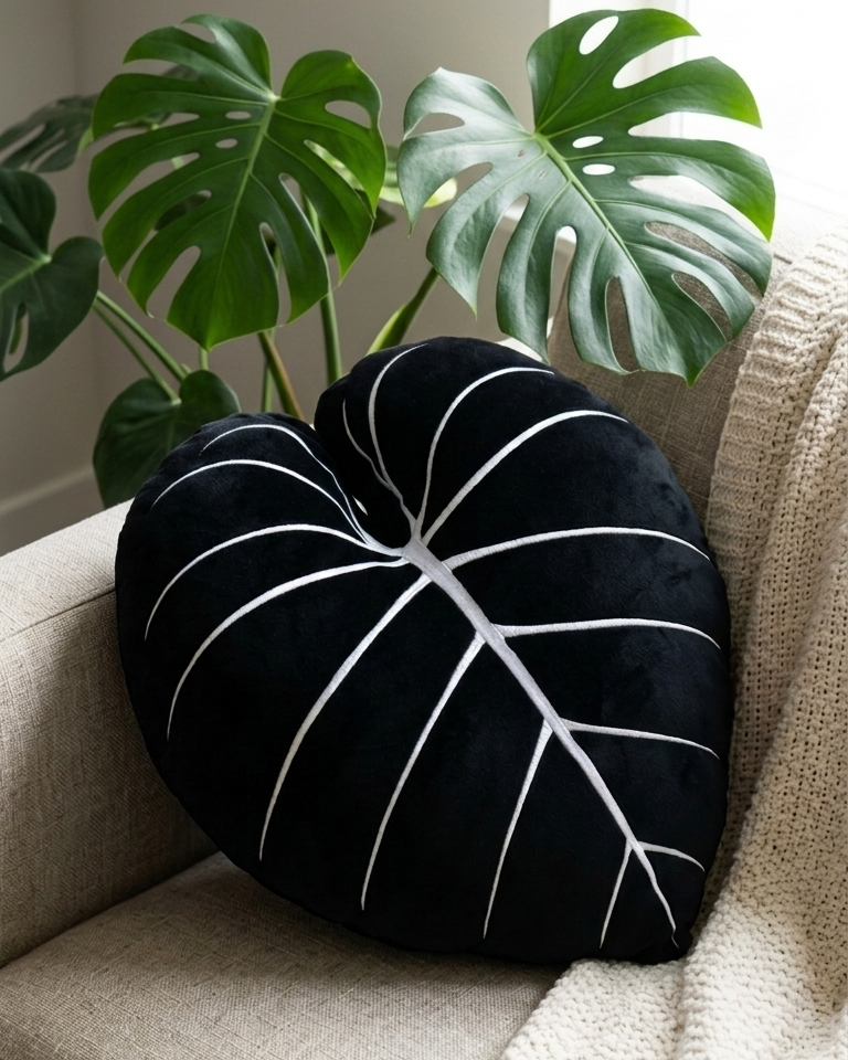 Philodendron Gloriosum Leaf Plush Pillow - Obsidian